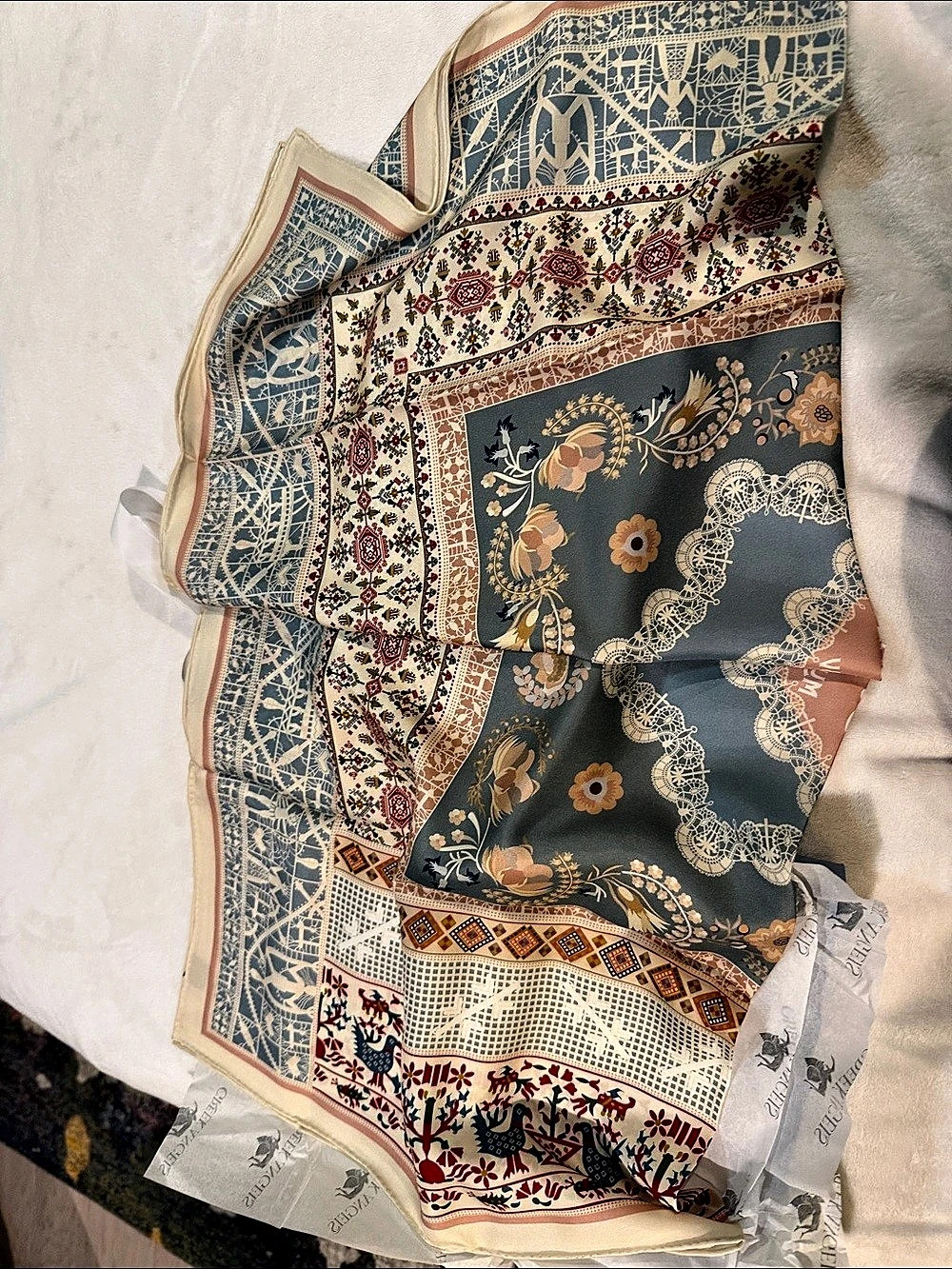 Greek Angels Greek Lace Embroideries Collection Silk Scarf in Blue & Multicolor